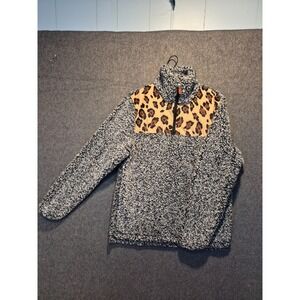 Gray Black Sherpa With Leopard Yokes Quarter Zip Pullover Size Small/Med.